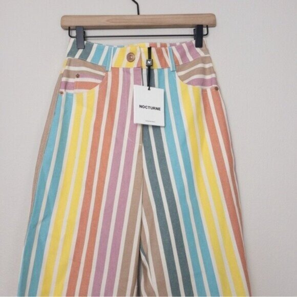 NWT Nocturne Printed Stripe Mom Denim Pants 34 Rainbow Jeans High Waisted - Picture 7 of 12